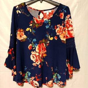 Stem & Vine Women's 3/4 Lace Bell Sleeve, Size Large, Navy Floral